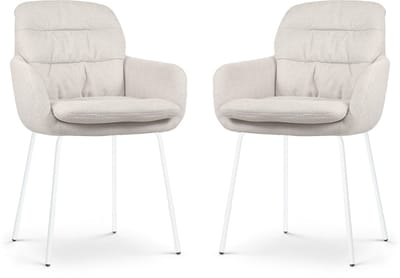 Nolon Nora-Mia Eetkamerstoelen Set van 2 Beige - met Armleuning - Stof - Wit Onderstel - Comfortabel - Scandinavisch