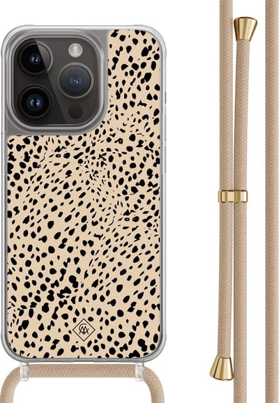 Casimoda® hoesje met beige koord - Geschikt voor iPhone 13 Pro - Stippen bruin abstract - Afneembaar koord - TPU/polycarbonaat - Bruin/beige