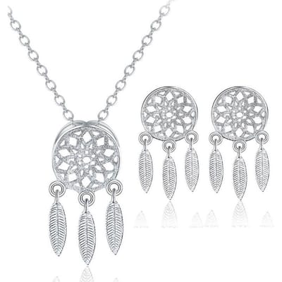 925 Sterling Zilver 2 stuks/Set Koreaanse Stijl Veer Dromenvanger Sieraden Sets Hanger Ketting Voor Vrouwen Cadeau NE+EA white