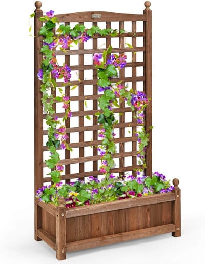 COSTWAY Bloembak met rankrooster, houten plantenbak voor klimplanten, verhoogd bed met latwerk, tuinlatwerk, rankkast met drainagegaten, voor tuin, binnenplaats, balkon, 64,5 x 28 x 120 cm, bruin