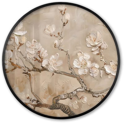 Poster in lijst Rond - Fotolijst 60x60 cm - Posters - Bloemen - Modern - Beige - Wit - Bloesem - Ronde posterlijst zwart - Decoratie - Wanddecoratie woonkamer - Muurdecoratie slaapkamer