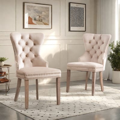 Set van 2 moderne eetkamerstoelen met massief houten poten (keukenstoel, woonkamerstoel met unieke deurklopper aan de achterkant), gestoffeerde stoel met siernagels, fluwelen bekleding, beige