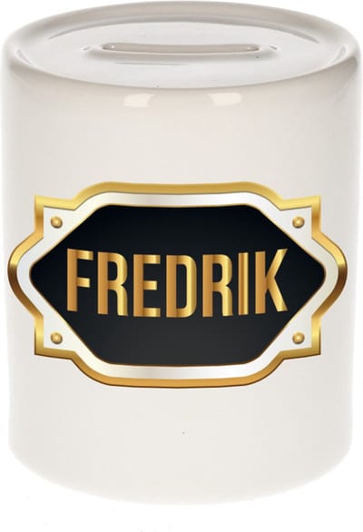 Spaarpot met voornaam Frederik - wit - met goud/zwart embleem - 8 x 9 cm - keramiek - met afsluitdop - cadeau verjaardag