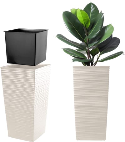 KADAX Bloempot bloembak van kunststof plantenbak voor bloemen binnen en buiten tuin balkon terras huis weerbestendig imitatie rotan (68 cm hoog crème)