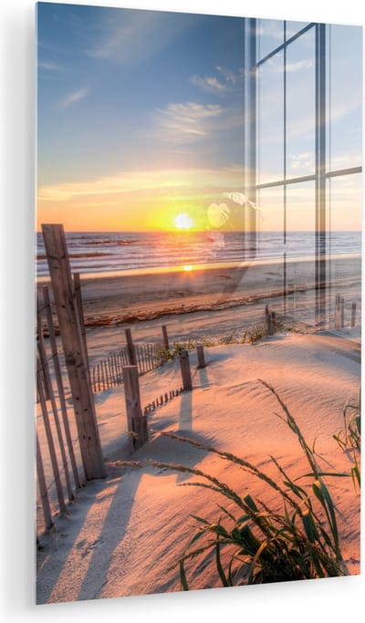 MuchoWow® Glasschilderij 120x180 cm - Schilderij acrylglas - Strand - Zee - Duin - Zonsondergang - Landschap - Foto op glas - Muurdecoratie woonkamer - Wanddecoratie slaapkamer - Schilderijen