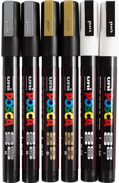 Posca Marker, afm PC-3M, lijndikte 0,9-1,3 mm, fijn, goud, zilver, wit, 6 stuks