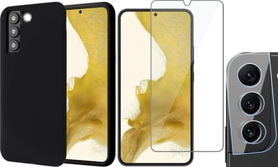 Hoesje geschikt voor Samsung Galaxy S22 Plus - Matte Back Cover Microvezel Siliconen Case Hoes Zwart - Tempered Glass Screenprotector - Camera Lens Protector