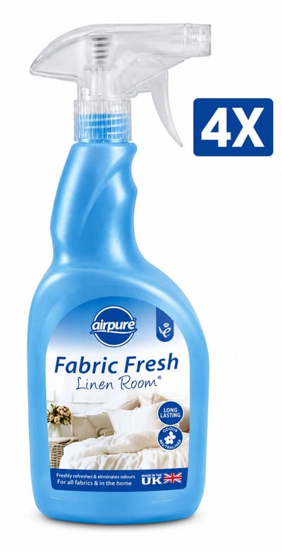 Airpure Textielverfrisser Linnen (Linen Room) 750 ml Spray - Set van 4 Flessen (3 L Totaal) - Geurneutralisator voor Beddengoed Gordijnen Kleding en Meubels - 100% Veganistisch en Dierproefvrij - Made in UK