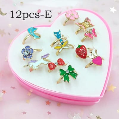 12/36 Pièces Anneaux Réglables en Alliage pour Bébés Filles avec Boîte en Forme de Cœur Mix Cartoon Anneaux Bijoux de Doigts Jouets pour Enfants Filles Couleur Aléatoire beige