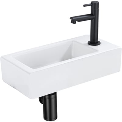 QeramiQ Fuente Fonteinset - 37.5x18.5x9cm - keramiek - kraangat rechts - fonteinkraan zwart mat - afvoerplug - verlaagd sifon - Mat wit