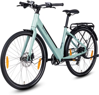 SAXXX Urbana elektrische stadsfiets – 28 inch –250W achterwielmotor–417Wh uitneembare lithiumaccu –tot 90 km actieradius –95% voorgemonteerd –Shimano 7 versnellingen –TEKTRO hydraulische schijfremmen– lage instap aluminium frame– glanzend licht cyaan
