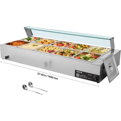 VEVOR Commerciële Voedselverwarmer (10 x 1/2 Maat Containers), 1,7 kW Elektrische RVS Warmhoudcontainer met Glazen Deksel & Soeplepel, Chafing Dishes voor Catering Restaurant Feesten