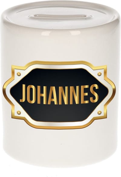 Spaarpot met voornaam Johannes - wit - met goud/zwart embleem - 8 x 9 cm - keramiek - met afsluitdop - cadeau verjaardag