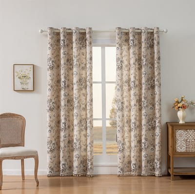 Floraweg: bloemengordijnen in rustieke stijl met zwart-witte lijntekeningen en handgeknoopte kwastjes – decoratieve gordijnen in Franse stijl voor slaapkamers en woonkamers, 140x160cm