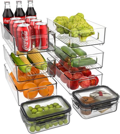 Famanu - Koelkast-organizer, stapelbaar, opbergdoos, keukenorganizer, voorraaddoos, doorzichtig reservoir voor koelkast, keuken, kasten (8 stuks)