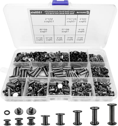 Set van 150 Zwarte Chicago Screws met Kruiskop, 8 Maten en Knop Rivets voor Creatieve Projecten