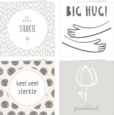 4x Condoleancekaarten / rouwkaarten / set kaarten met enveloppen | Sterkte & Condoleance | grijstinten