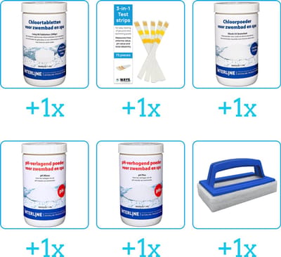 Zwembad Onderhoudspakket - Onderhoud Zwembad - bevat Chloor - Testrips - Chloor - PH-min - PH-plus en Scrubborstel (6-delig)