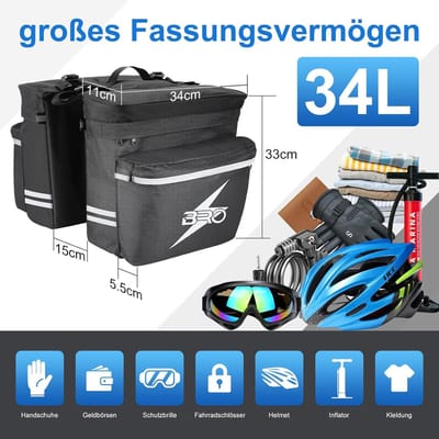 SnelShoppen - Waterdichte Fietstas Dubbel 34 Liter - Fietstas met Waterdichte Regenbescherming voor E-bikes en MTB - Ideaal voor Fietsvakanties, Campi