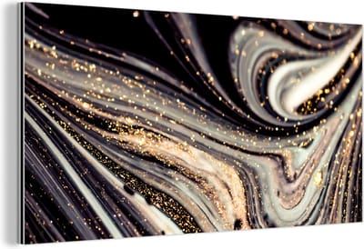 Wanddecoratie Metaal - Aluminium Schilderij Industrieel - Marmerlook - Zwart - Goud - Wit - Glitter - Marmer - 120x60 cm - Dibond - Foto op aluminium - Industriële muurdecoratie - Voor de woonkamer/slaapkamer