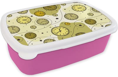 Broodtrommel Roze - Lunchbox - Brooddoos - Retro - Klok - Patronen - Stippen - 18x12x6 cm - Kinderen - Meisje