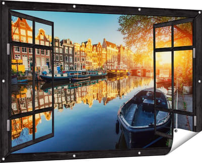 Gards Tuinposter Doorkijk Amsterdamse Gracht bij Zonsondergang - 150x100 cm - Tuindoek - Tuindecoratie - Wanddecoratie buiten - Tuinschilderij