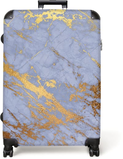 NoBoringSuitcases.com® - Koffer groot - Reiskoffer lichtgewicht - Marmer - Patronen - Blauw - Goud - Rolkoffer met 4 wielen - Grote trolley XL - 98 liter bagage