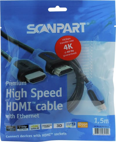 Scanpart HDMI kabel 1.5 meter - 4K Ultra HD@60Hz - Premium High Speed with Ethernet - 18 Gbps - HDMI 2.0b - HEC - ARC