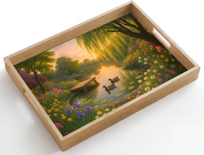 Dienblad hout 50x35 cm - Schootdienblad - Eenden - Vijver - Bloemen - Borrelplank rechthoek - Plateau dienbladen