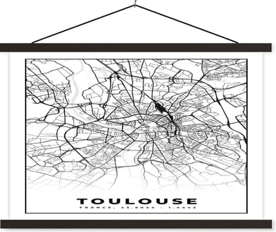 Posterhanger incl. Poster 60x40 cm - Schoolplaat - Kaart - Stadskaart - Frankrijk - Toulouse - Plattegrond - Zwart wit - Textielposter - Zwarte latten - Stadskaart