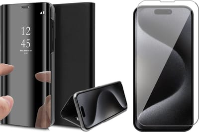 Hoesje geschikt voor iPhone 15 Pro - Screen Protector GlassGuard - Book Case Spiegel Zwart & Screenprotector