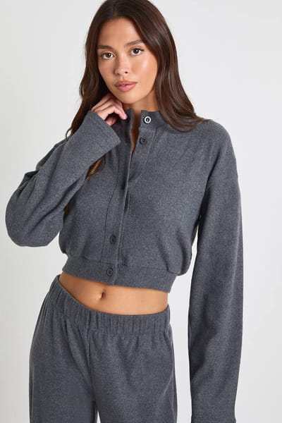boohoo Dames Geborstelde rib boxy cardigan & broek co ord | Charcoal | Maat: 6