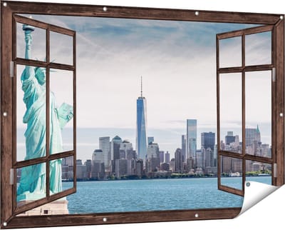 Gards Tuinposter Doorkijk Vrijheidsbeeld in New York - 150x100 cm - Tuindoek - Tuindecoratie - Wanddecoratie buiten - Tuinschilderij