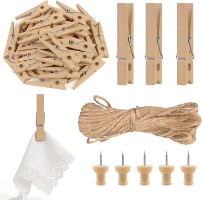 Houten wasknijpers, duimspelden en jute touw voor het ophangen van foto's en decoraties, ideaal voor creatieve projecten en knutselen