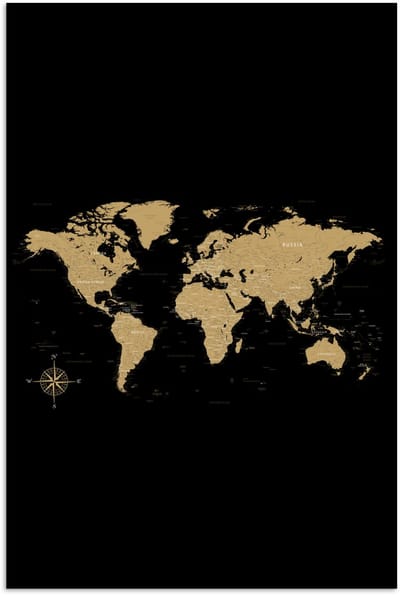 Poster 120x180 cm - Wereldkaart - Beige - Zwart - Posters - Kamer decoratie - Wanddecoratie woonkamer - Muurdecoratie slaapkamer XXL