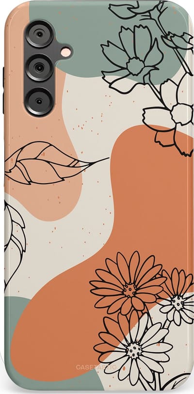 Casetastic hoesje geschikt voor Samsung Galaxy A14 (2023) 5G / Samsung Galaxy A14 (2023) 4G - Dubbellaagse bescherming - Lijnenspel Botanisch - Fashion Case - Crème Saliegroen Perzik