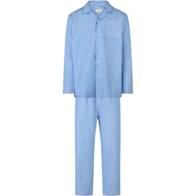 Phil & Co Heren Pyjama Set Lang Geweven Katoen Lichtblauw Gestreept - Met Knoopsluiting - Maat L