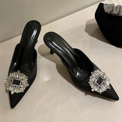 Zomer Mode Luxe Dames 7cm Hoge Hakken Slippers Dames Fetisj Strass Lage Hakken Slippers Muildier Zonnebloem Kristal Schoenen 39