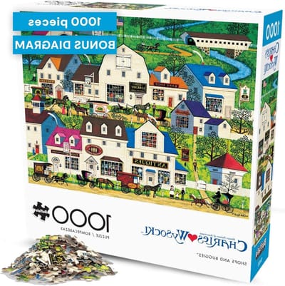 Buffalo Games Charles Wysocki - Winkels en kinderwagens - 1000 stukjes puzzel voor volwassenen - stimulerende puzzel perfect voor spelavonden - afgewerkte afmetingen 68 x 50 cm