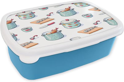 Broodtrommel Blauw - Lunchbox - Brooddoos - Patronen - Koken - Eten - Vis - Pan - 18x12x6 cm - Kinderen - Jongen