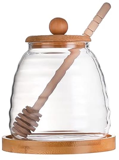 Glazen Honingpot 500 ml Met Lepel & Bamboe Deksel – Honingcontainer – Siroopdispenser – Praktisch Keukenhulpmiddel voor Thuis-OUTARO
