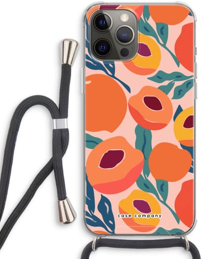Case Company® - Hoesje met koord geschikt voor iPhone 12 Pro hoesje met Koord - Perzik - Telefoonhoesje met Zwart Koord - Bescherming aan alle Kanten en Over de Schermrand