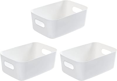 Famanu – Set van 12 kunststof opbergmanden met handgrepen, stapelbare organizers voor badkamer keuken kast en cosmetica, grijs