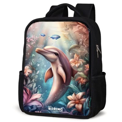 NoBoringSuitcases.com® - Rugzak zwart - Schooltas jongen & meisje - Dolfijn en vissen in onderwater bloemenwereld - Rugtas voor school - Boekentas kind - Schoolrugzak - Kinderrugzak