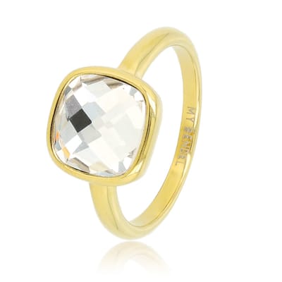 My Bendel - Goudkleurige Ring met Grote Facet Witte Kristal Glassteen - Goudkleurige Ring - met Luxe Cadeauverpakking | Sieraden Voor Dames | Maat 16.00 Mm / Maat 50