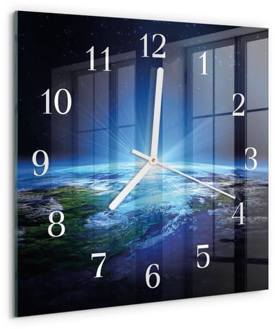 Tulup Wandklok - Het universum van de aarde Moderne Wandklok Glas - 30x30 cm - Blauw Wandklok Glas Decoratie - Witte Handen - Vierkante Wandklok - Gekleurde Glazen Klok - Glazen Klok Met Print