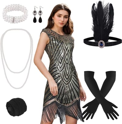 1920s Flapper Jurk met Pailletten en Franje, Inclusief Accessoireset voor Feestjes en The Roaring Twenties