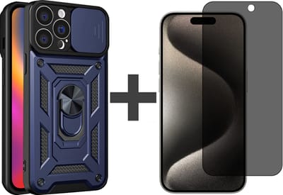 Hoesje met Privacy screenprotector Geschikt voor iPhone 15 Pro met Ringhouder en Camera schuifje - Arara backcover - Blauw