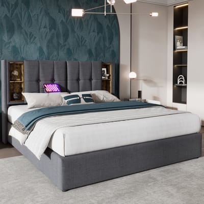 MEUNIQ tweepersoons bedframe 180x200 cm met opbergruimte, draadloos opladen, USB en USB-C, lattenbodem en open vakken in hoofdbord, grijs stoffen bed