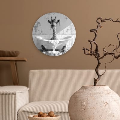 WallCircle® Wandcirkel 30x30 cm - Muurcirkel Giraffe - Dieren Badkuip - Vintage - Zwart Wit - Wilde dieren - Muurdecoratie woonkamer - Wanddecoratie slaapkamer - Kamer decoratie accessoires - Ronde schilderijen binnen - Woonaccessoires